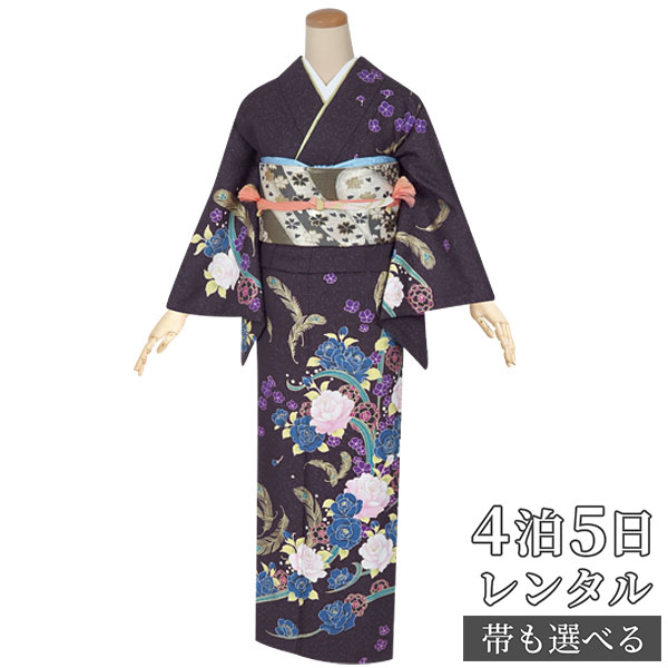 訪問着 レンタル 着物レンタル レンタル着物 着物 訪問着レンタル「H474 濃紺　薔薇と孔雀の羽 」 正絹 ホテル・式場への配送OK！ 入学式 入園式 お宮参り 結婚式 七五三 母 ママ 母親 着物
