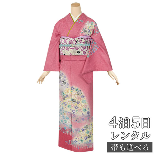 訪問着 レンタル 着物レンタル レンタル着物 着物 訪問着レンタル「H490 ピンク　波に山桜 」 正絹 ホテル・式場への配送OK！ 入学式 入園式 お宮参り 結婚式 七五三 母 ママ 母親 着物