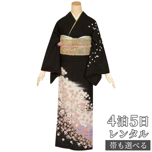 訪問着 レンタル 着物レンタル レンタル着物 着物 訪問着レンタル「H493 黒　霞に小桜 」 正絹 ホテル・式場への配送OK！ 入学式 入園式 お宮参り 結婚式 七五三 母 ママ 母親 着物