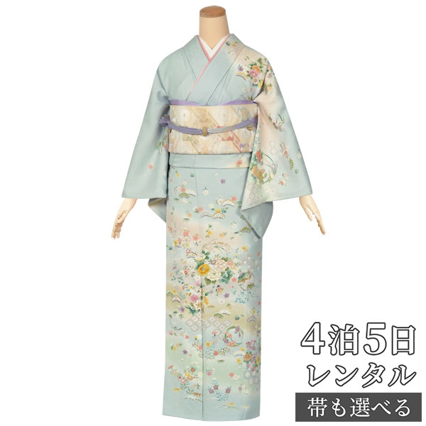 訪問着 レンタル 着物レンタル レンタル着物 着物 訪問着レンタル「H513 ブルーグレー　四季花丸紋 」 正絹 ホテル・式場への配送OK！ 入学式 入園式 お宮参り 結婚式 七五三 母 ママ 母親 着物