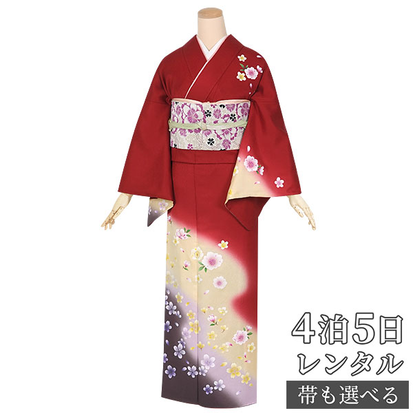 訪問着 レンタル 着物レンタル レンタル着物 着物 訪問着レンタル「H541 赤　黄ぼかし　小桜 」 正絹 ホテル・式場への配送OK！ 入学式 入園式 お宮参り 結婚式 七五三 母 ママ 母親 着物