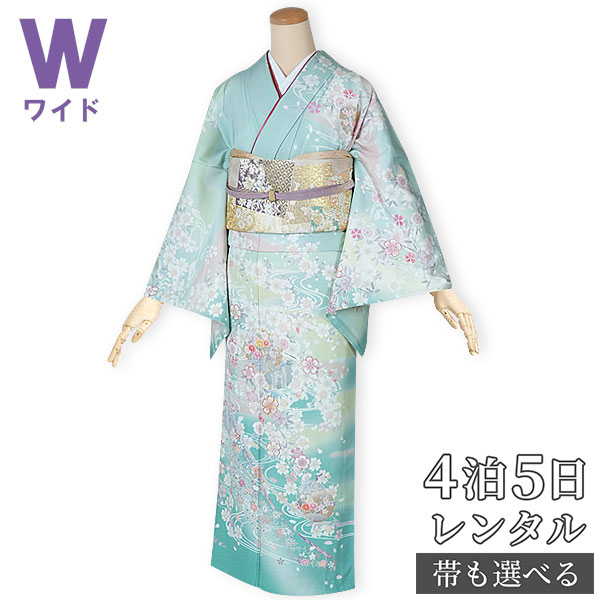 訪問着 レンタル 着物レンタル レンタル着物 着物 訪問着レンタル「H549 若竹色　雪輪桜流水 大きいサイズ（ワイドサイズ）」 正絹 ホテル・式場への配送OK！ 入学式 入園式 お宮参り 結婚式 七五三 母 ママ 母親 着物