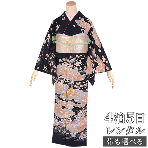 訪問着 レンタル 着物レンタル レンタル着物 着物 訪問着レンタル「H575 黒 雲取に波 草花文様 」 正絹 ホテル・式場への配送OK! 入学式 入園式 お宮参り 結婚式 七五三 母 ママ 母親 着物|京都着物レンタル夢館