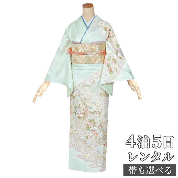 訪問着 レンタル 着物レンタル レンタル着物 着物 訪問着レンタル「H580 薄緑　菊桜雪輪 」 正絹 ホテル・式場への配送OK！ 入学式 入園式 お宮参り 結婚式 七五三 母 ママ 母親 着物