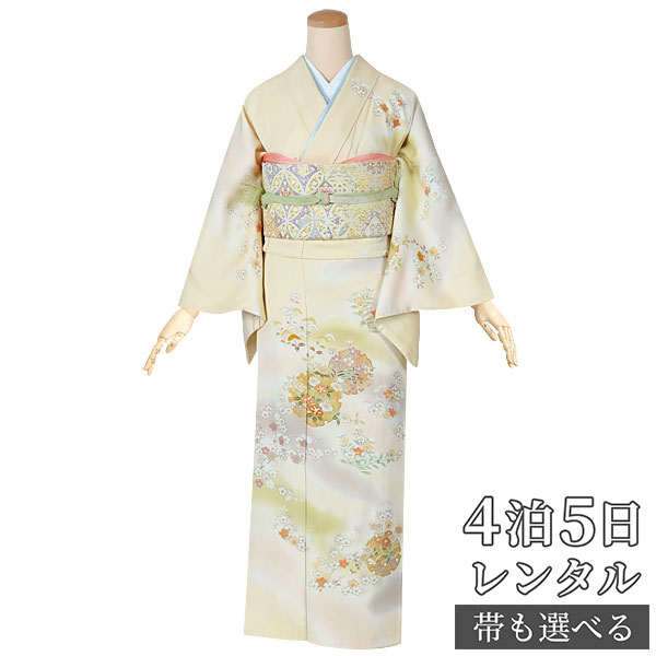 訪問着 レンタル 着物レンタル レンタル着物 着物 訪問着レンタル「H595 クリーム　雪輪に花 」 正絹 ホテル・式場への配送OK！ 入学式 入園式 お宮参り 結婚式 七五三 母 ママ 母親 着物