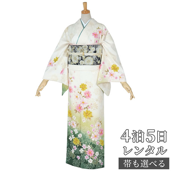 訪問着 レンタル 着物レンタル レンタル着物 着物 訪問着レンタル「H684 白&times;緑濃淡　菊・秋桜 」 正絹 ホテル・式場への配送OK！ 入学式 入園式 お宮参り 結婚式 七五三 母 ママ 母親 着物｜京都着物レンタル夢館