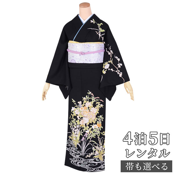 訪問着 レンタル 着物レンタル レンタル着物 着物 訪問着レンタル「H711 黒 流水に草花に鼓 」 正絹 ホテル・式場への配送OK! 入学式 入園式 お宮参り 結婚式 七五三 母 ママ 母親 着物|京都着物レンタル夢館