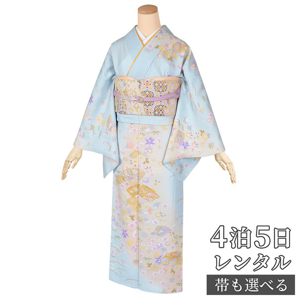 訪問着 レンタル 着物レンタル レンタル着物 着物 訪問着レンタル「H760 水色　扇に花尽くし 」 正絹 ホテル・式場への配送OK！ 入学式 入園式 お宮参り 結婚式 七五三 母 ママ 母親 着物