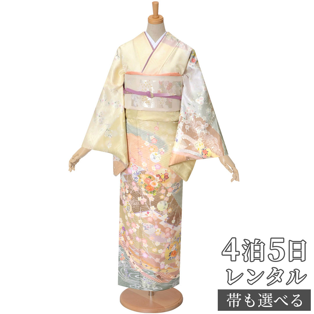 訪問着 レンタル 着物レンタル レンタル着物 着物 訪問着レンタル「H886 薄黄色　熨斗と梅桜 」 正絹 ホテル・式場への配送OK！ 入学式 入園式 お宮参り 結婚式 七五三 母 ママ 母親 着物｜京都着物レンタル夢館