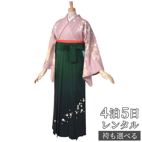 【レンタル】袴 レンタル 先生 女 袴セット 教員 職員 先生〔HG054〕 薄あずき色　松皮菱と雲取り菊と藤 正絹 卒業式 袴 フルセット 女性 はかま ハカマ レンタル 貸衣装 かしいしょう 送料無料(一部地域を除く)｜京都着物レンタル夢館