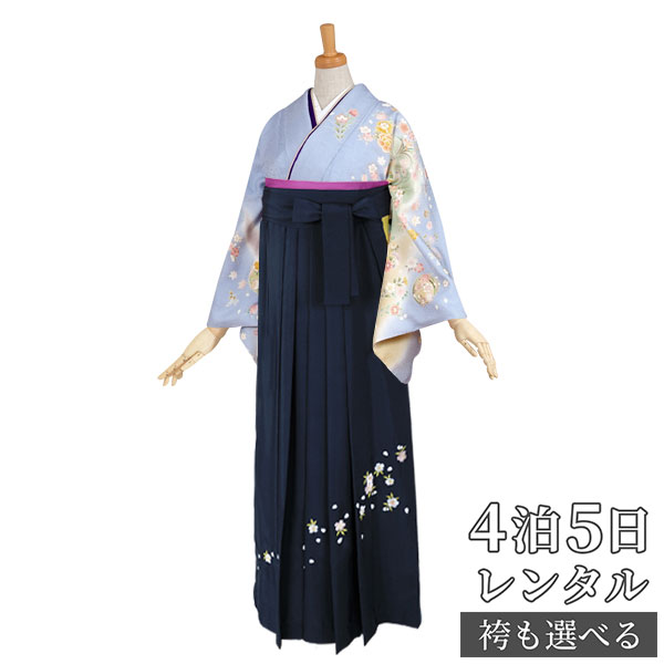 【レンタル】【訳あり】袴 レンタル 先生 女 袴セット 教員 職員 先生〔HG155〕 ブルー　道長ぼかし吉祥花丸文 正絹 卒業式 袴 フルセット 女性 はかま ハカマ レンタル 貸衣装 かしいしょう 送料無料(一部地域を除く)｜京都着物レンタル夢館