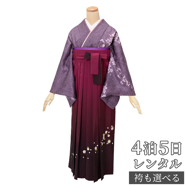 【レンタル】袴 レンタル 先生 女 袴セット 教員 職員 先生〔HG276〕 紫　桜流水 正絹 卒業式 袴 フルセット 女性 はかま ハカマ レンタル 貸衣装 かしいしょう 送料無料(一部地域を除く)