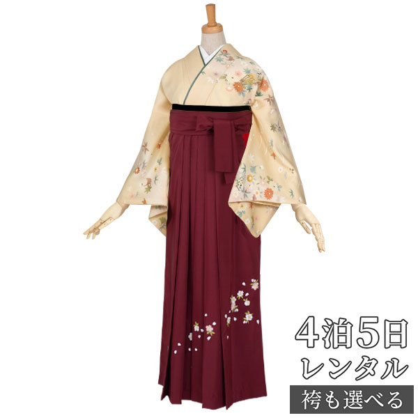 【レンタル】袴 レンタル 先生 女 袴セット 教員 職員 先生〔HG313〕 クリーム　露芝吹き寄せに扇面 正絹 卒業式 袴 フルセット 女性 はかま ハカマ レンタル 貸衣装 かしいしょう 送料無料(一部地域を除く)｜京都着物レンタル夢館