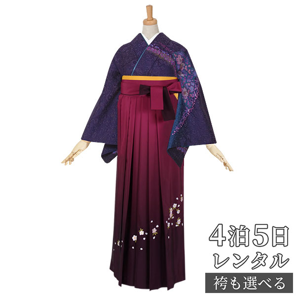 【レンタル】袴 レンタル 先生 女 袴セット 教員 職員 先生〔HG374〕 紺ラメ　絞り花流水 正絹 卒業式 袴 フルセット 女性 はかま ハカマ レンタル 貸衣装 かしいしょう 送料無料(一部地域を除く)