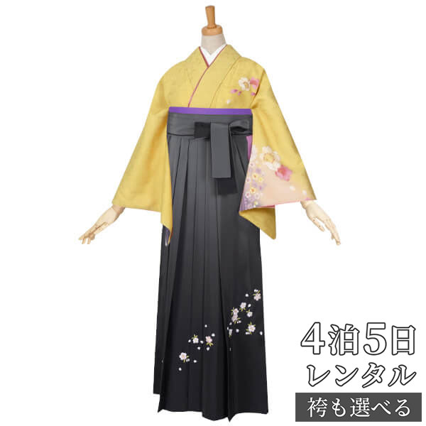 【レンタル】袴 レンタル 先生 女 袴セット 教員 職員 先生〔HG388〕 黄 桜に流れ藤 正絹 卒業式 袴 フルセット 女性 はかま ハカマ レンタル 貸衣装 かしいしょう 送料無料(一部地域を除く)|京都着物レンタル夢館
