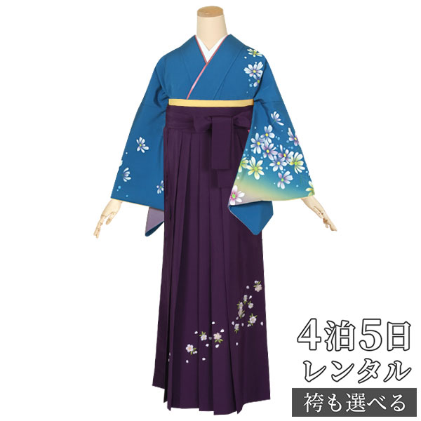 【レンタル】【訳あり】袴 レンタル 先生 女 袴セット 教員 職員 先生〔HG500〕 ブルー　コスモス 正絹 卒業式 袴 フルセット 女性 はかま ハカマ レンタル 貸衣装 かしいしょう 送料無料(一部地域を除く)
