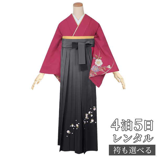 【レンタル】袴 レンタル 先生 女 袴セット 教員 職員 先生〔HG618〕 赤　撫子に蝶 正絹 卒業式 袴 フルセット 女性 はかま ハカマ レンタル 貸衣装 かしいしょう 送料無料(一部地域を除く)