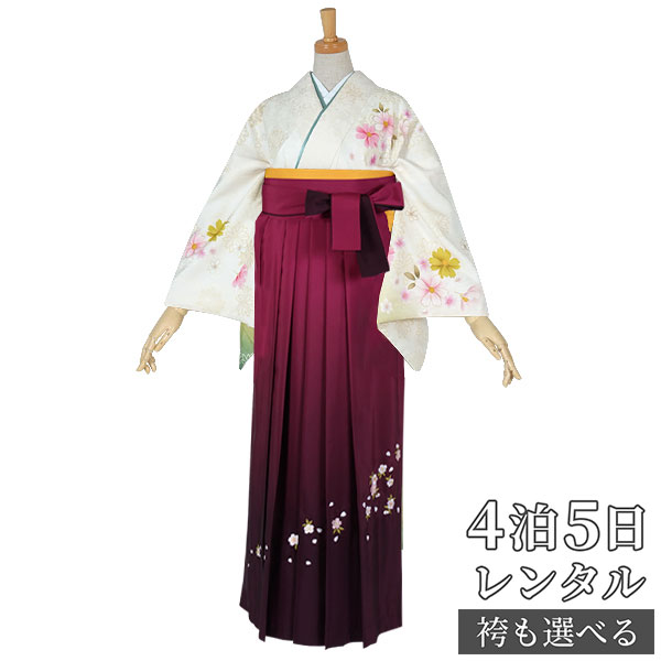【レンタル】袴 レンタル 先生 女 袴セット 教員 職員 先生〔HG684〕 白&times;緑濃淡　菊・秋桜 正絹 卒業式 袴 フルセット 女性 はかま ハカマ レンタル 貸衣装 かしいしょう 送料無料(一部地域を除く)｜京都着物レンタル夢館