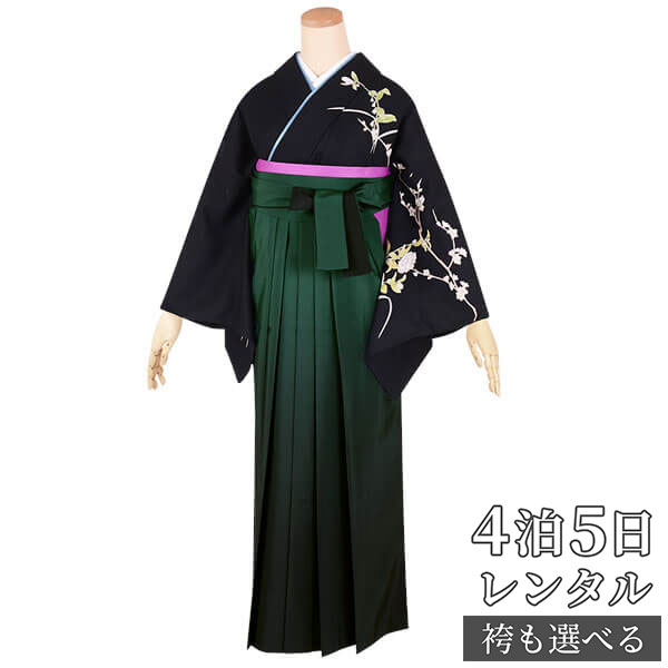 【レンタル】袴 レンタル 先生 女 袴セット 教員 職員 先生〔HG711〕 黒　流水に草花に鼓 正絹 卒業式 袴 フルセット 女性 はかま ハカマ レンタル 貸衣装 かしいしょう 送料無料(一部地域を除く)