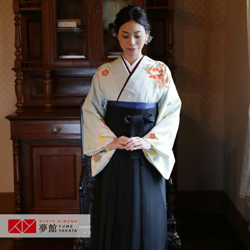 【レンタル】ジャパンスタイル 袴 レンタル 先生 女 袴セット 教員 職員 先生〔HG770〕 青鼠色　貝桶と花に宝尽し ポリエステル 卒業式 袴 フルセット 女性 はかま ハカマ レンタル 貸衣装 かしいしょう 送料無料(一部地域を除く)