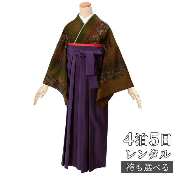 【レンタル】袴 レンタル 先生 女 袴セット 教員 職員 先生〔HG817〕 茶色　スワトウ刺繍花鳥 正絹 卒業式 袴 フルセット 女性 はかま ハカマ レンタル 貸衣装 かしいしょう 送料無料(一部地域を除く)｜京都着物レンタル夢館