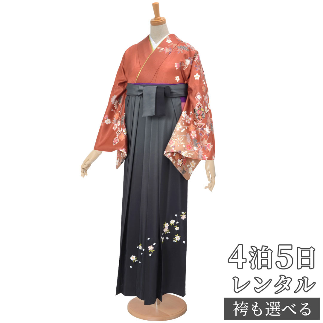 【レンタル】袴 レンタル 先生 女 袴セット 教員 職員 先生〔HG896〕 赤茶色　花菱七宝に花と鼓 ポリエステル 卒業式 袴 フルセット 女性 はかま ハカマ レンタル 貸衣装 かしいしょう 送料無料(一部地域を除く)｜京都着物レンタル夢館