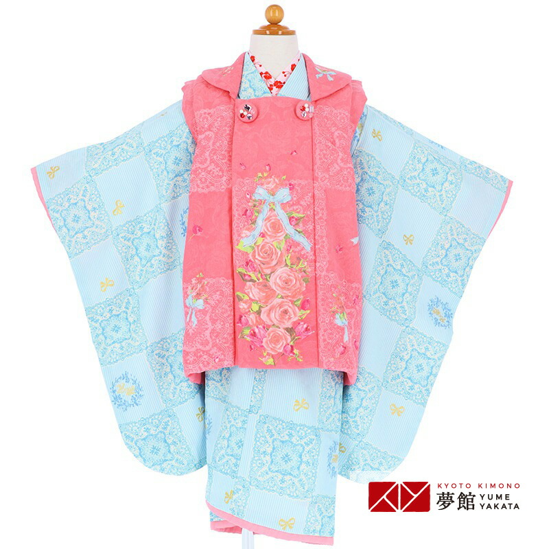 [Rental] [Shichi-Go-San Kimono for 3-Year-Old Girls] 3-Year-Old "K037 Mezzo Piano Pink x Light Blue Roses and Ribbons" 753 Shichi-Go-San Kimono for 3-Year-Old Girls, Children's Kimono Rental