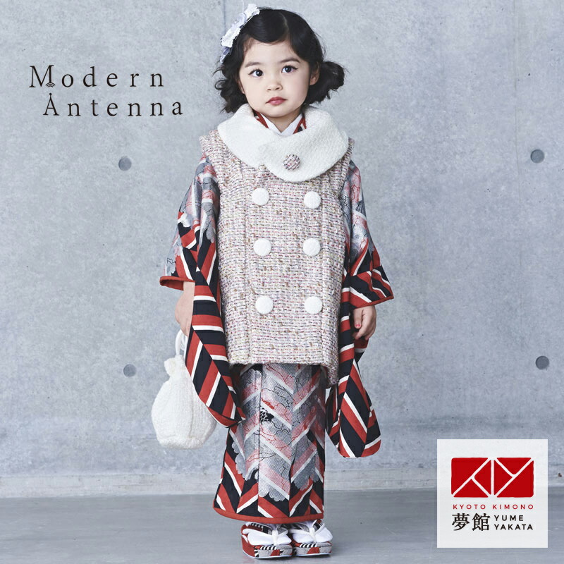 被布 女児 七五三 子供 着物 レンタル レンタル 七五三 着物 ３才 きもの 女の子 着物レンタル 3歳 着物 3歳 七五三 着物 3歳 七五三 ３歳被布セット 着物 レンタル 七五三 レンタル 1 9月利用 ブランドk125 モダンアンテナ ベージュチェック 黒赤銀矢絣に牡丹