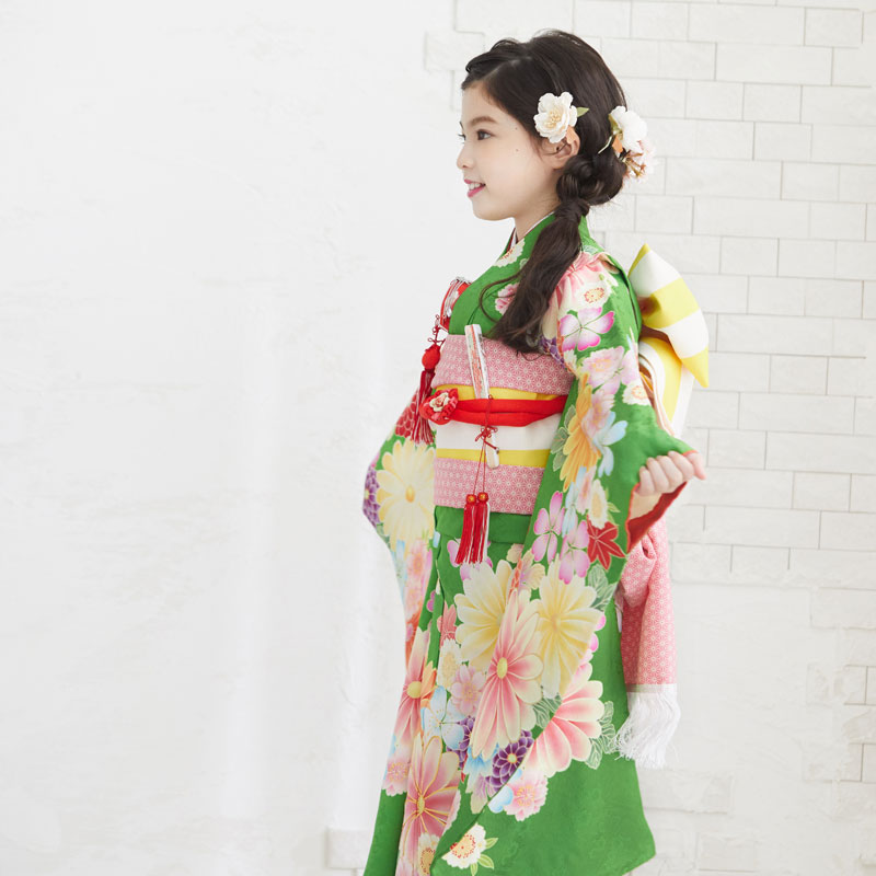楽天市場 七五三 着物 7歳 フルセット レンタル 女の子 1 9月利用 N034 紅一点 緑 菊に桜楓 レトロ 着物レンタル 草履バッグ レンタル着物 貸衣装 古典 753 七歳 レンタル衣装 衣装 七五三着物 着付け レンタル 京都着物レンタル夢館