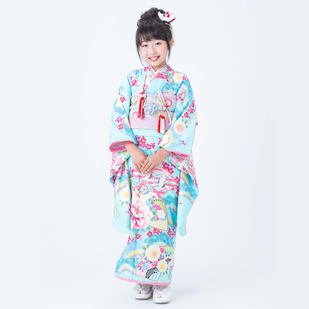 楽天市場 10 12月利用 753 七五三 着物 7歳 フルセット 女の子 レンタル N057 乙葉 水色 扇面松梅に牡丹 四つ身 子供 お祝い着 正月 7歳 7才 きものレンタル レンタル 京都着物レンタル夢館