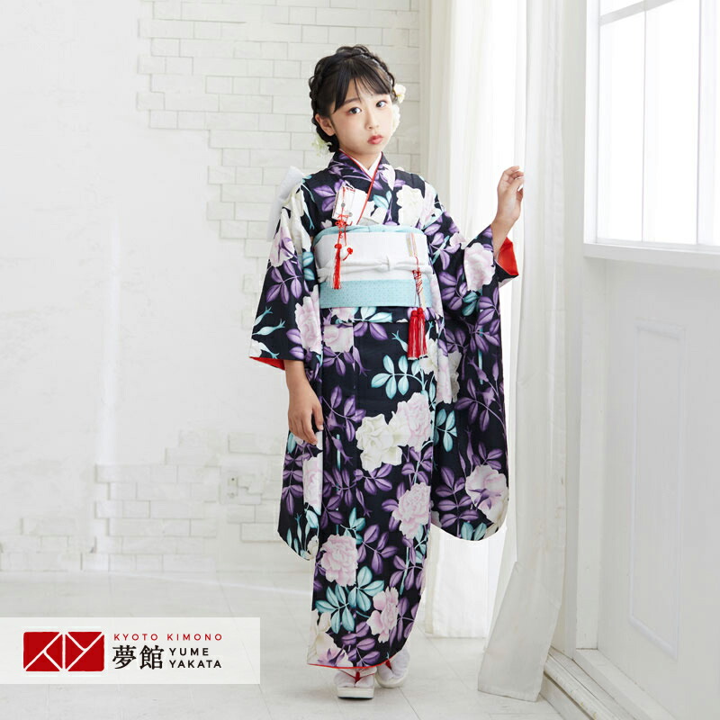 着物 着物 7歳 フルセット ７歳女の子 753 四つ身 フルセット 七五三 7才 レンタル 七五三 レンタル 七五三 7歳 着物 着物 10 12月利用 753 七五三 着物 7歳 フルセット 女の子 レンタル N061 Shikibu Classic 黒 薔薇小紋 四つ身 子供 お祝い着