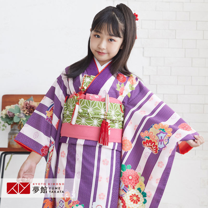 七五三 着物 七五三 ７歳女の子 レンタル 7歳 女の子 1 9月利用 N074 着物セット 着物 フルセット フルセット レンタル 女の子 1 9月利用 N074 レンタル 七五三 着物 7歳 Kagura 紫 子持縞に花丸 レトロ 着物レンタル 草履バッグ レンタル着物 貸衣装 古典 753 七