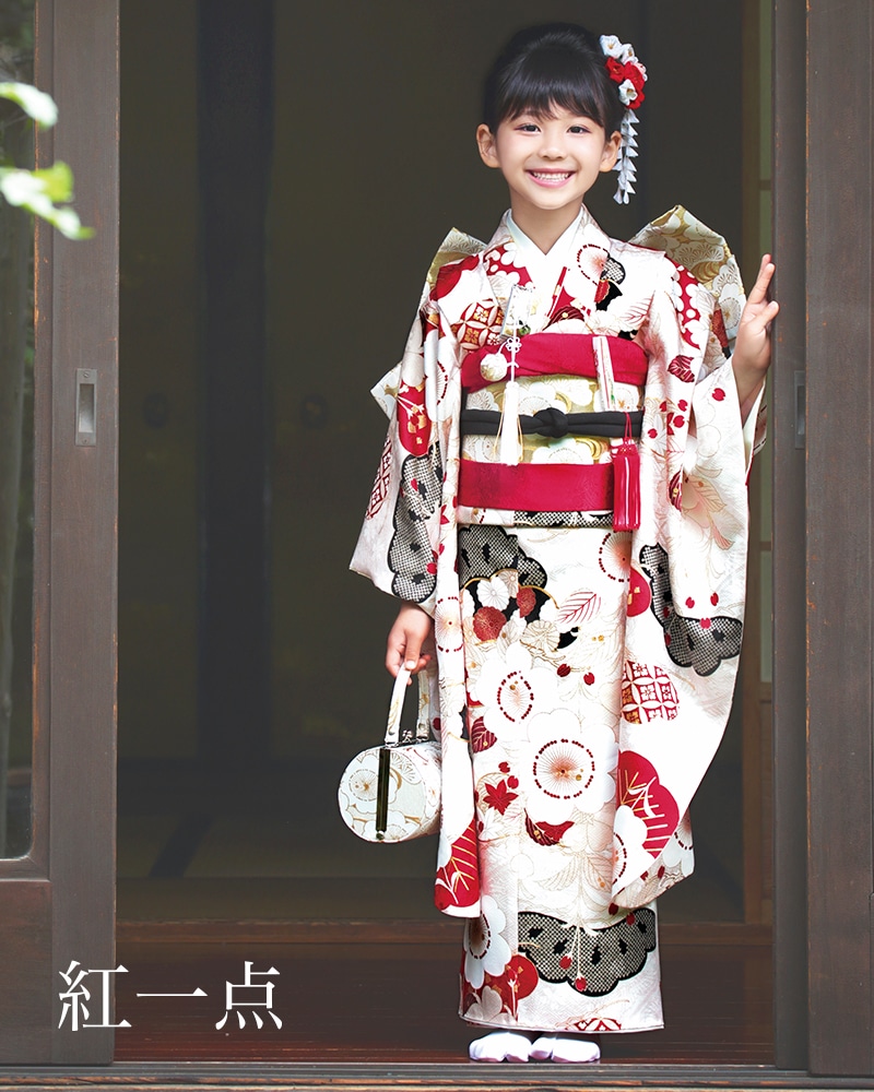 【レンタル】753 七五三 着物 7歳 フルセット 女の子 レンタル「N162 紅一点 【正絹】桜色　梅に松」 四つ身 子供 お祝い着 正月 7歳 7才 きものレンタル