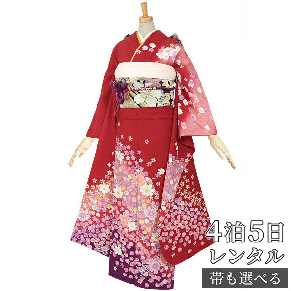 【振袖 レンタル】 結婚式 結納R054 正絹 赤　桜吹雪 振袖 レンタル フルセット ふりそで 振り袖 結婚式 披露宴 親族 卒業式 パーティー 結納 着物レンタル 貸衣装 女性 和服 往復送料無料