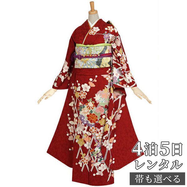 【振袖 レンタル】 結婚式 結納R072 正絹 赤　梅と雪輪文 振袖 レンタル フルセット ふりそで 振り袖 結婚式 披露宴 親族 卒業式 パーティー 結納 着物レンタル 貸衣装 女性 和服 往復送料無料