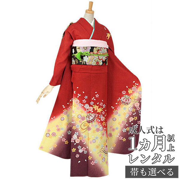 【成人式 振袖 レンタル】RS109 正絹 赤　桜と手鞠フルセット 往復送料無料 /女性和服/結婚式 和服 着物セット/小物 セット 振り袖 【レンタル】