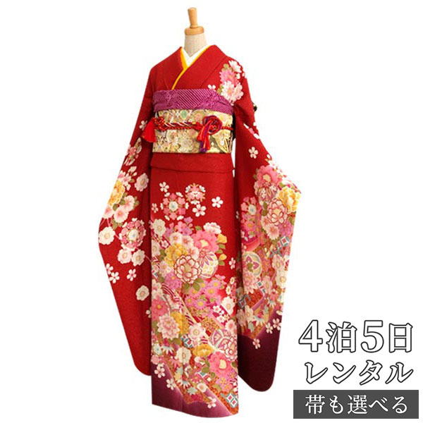 【振袖 レンタル】 結婚式 結納R160 正絹 赤ラメ　八重桜熨斗と手鞠 振袖 レンタル フルセット ふりそで 振り袖 結婚式 披露宴 親族 卒業式 パーティー 結納 着物レンタル 貸衣装 女性 和服 往復送料無料