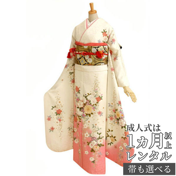 【成人式 振袖 レンタル】RS166 正絹 白　ピンク桜フルセット 往復送料無料 /女性和服/結婚式 和服 着物セット/小物 セット 振り袖 【レンタル】