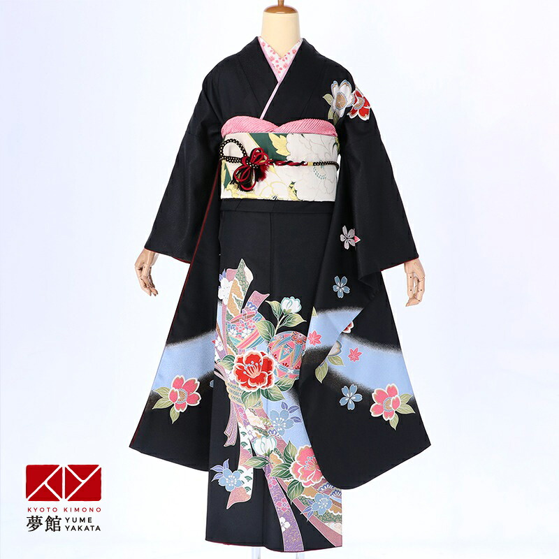 【振袖 レンタル】 結婚式 結納R176黒　椿手鞠熨斗柄 振袖 レンタル フルセット ふりそで 振り袖 結婚式 披露宴 親族 卒業式 パーティー 結納 着物レンタル 貸衣装 女性 和服 往復送料無料