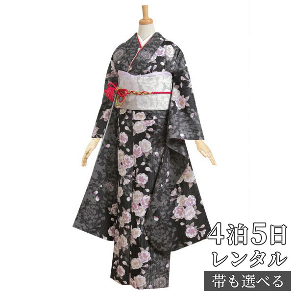 【振袖 レンタル】 結婚式 結納R185黒　大菊と八重桜（藤色系） 振袖 レンタル フルセット ふりそで 振り袖 結婚式 披露宴 親族 卒業式 パーティー 結納 着物レンタル 貸衣装 女性 和服 往復送料無料 10,062円