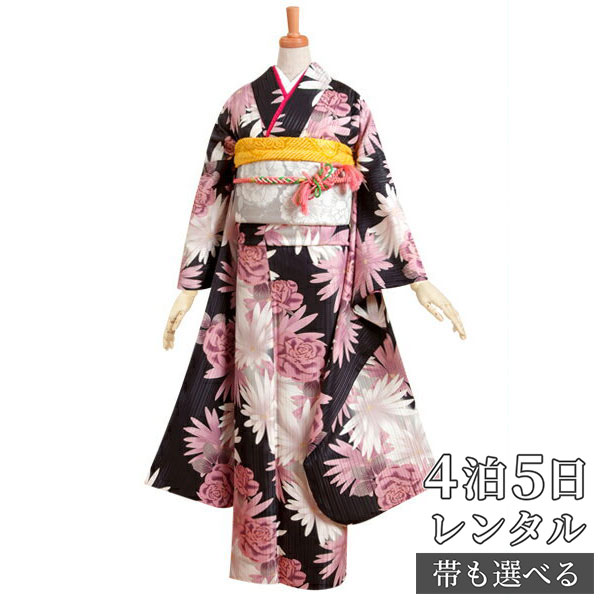 【振袖 レンタル】 結婚式 結納R186黒　ピンクの菊とマーガレット 振袖 レンタル フルセット ふりそで 振り袖 結婚式 披露宴 親族 卒業式 パーティー 結納 着物レンタル 貸衣装 女性 和服 往復送料無料
