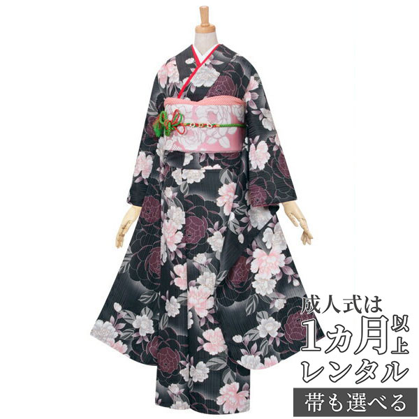 【成人式 振袖 レンタル】RS191黒　牡丹（オレンジ系）フルセット 往復送料無料 /女性和服/結婚式 和服 着物セット/小物 セット 振り袖 【レンタル】