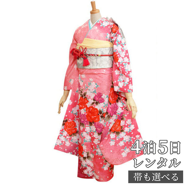 【振袖 レンタル】 結婚式 結納R193ピンク　薔薇（R089 R1238） 振袖 レンタル フルセット ふりそで 振り袖 結婚式 披露宴 親族 卒業式 パーティー 結納 着物レンタル 貸衣装 女性 和服 往復送料無料【訳あり】