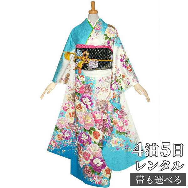 【振袖 レンタル】 結婚式 結納R1000 正絹 白×ブルー　薔薇と蝶 振袖 レンタル フルセット ふりそで 振り袖 結婚式 披露宴 親族 卒業式 パーティー 結納 着物レンタル 貸衣装 女性 和服 往復送料無料 14,904円