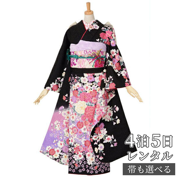 【振袖 レンタル】 結婚式 結納R1007 正絹 黒　枝垂桜と牡丹 振袖 レンタル フルセット ふりそで 振り袖 結婚式 披露宴 親族 卒業式 パーティー 結納 着物レンタル 貸衣装 女性 和服 往復送料無料