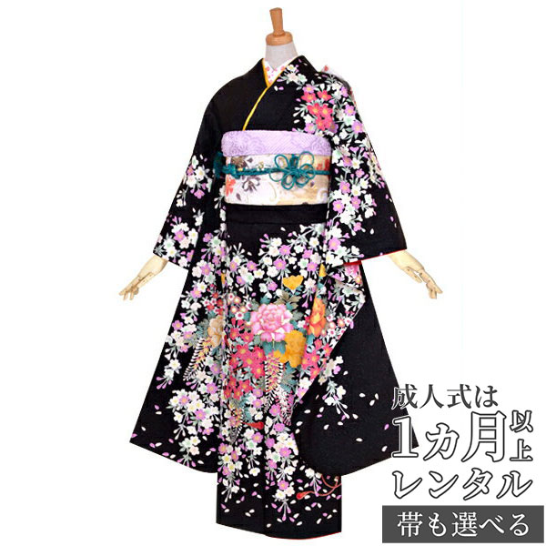 振袖　成人式　黒　桜 楽天市場】【成人式 振袖 レンタル】RS1099 正絹 黒 桜と百合に