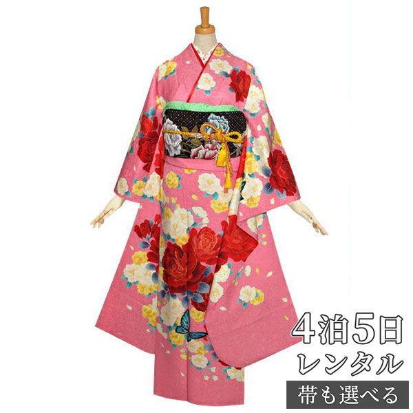 【振袖 レンタル】 結婚式 結納R1012 正絹 ピンク　薔薇と八重桜 振袖 レンタル フルセット ふりそで 振り袖 結婚式 披露宴 親族 卒業式 パーティー 結納 着物レンタル 貸衣装 女性 和服 往復送料無料