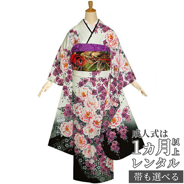 〔成人式 振袖 レンタル〕RS1014 正絹 白　枝垂桜に牡丹フルセット 往復送料無料 /女性和服/結婚式 和服 着物セット/小物 セット 振り袖 【レンタル】｜京都着物レンタル夢館