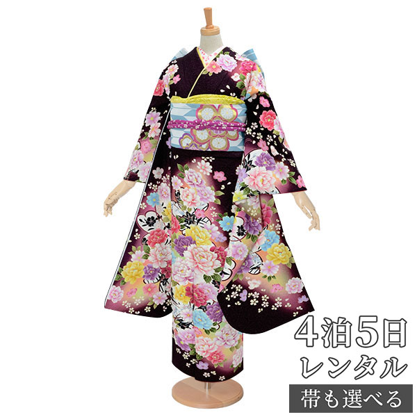 【振袖 レンタル】 結婚式 結納R1028 正絹 茶　彩色牡丹 振袖 レンタル フルセット ふりそで 振り袖 結婚式 披露宴 親族 卒業式 パーティー 結納 着物レンタル 貸衣装 女性 和服 往復送料無料