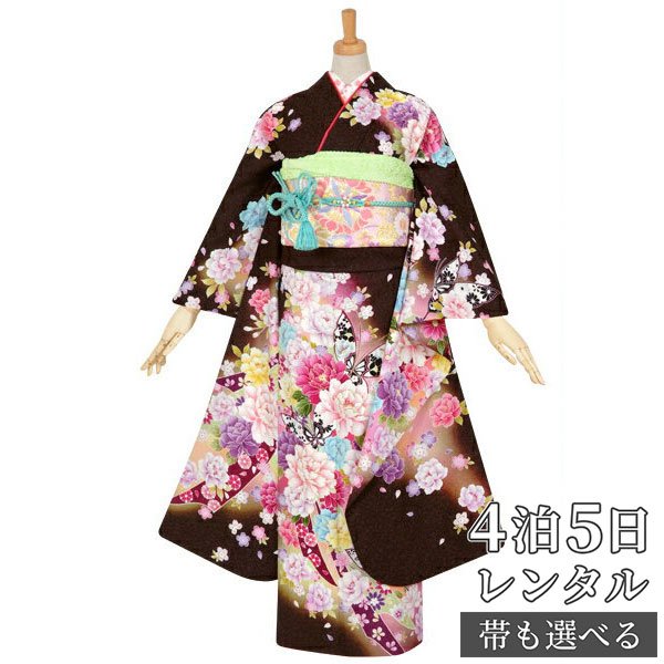 【振袖 レンタル】 結婚式 結納R1031 正絹 茶　牡丹と蝶に熨斗 振袖 レンタル フルセット ふりそで 振り袖 結婚式 披露宴 親族 卒業式 パーティー 結納 着物レンタル 貸衣装 女性 和服 往復送料無料